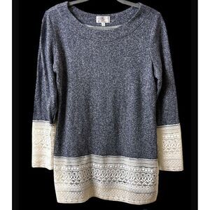 OSO Casuals Navy Blue Knit Lace Tunic Top Size M Shirt Scoop Neck Sweater